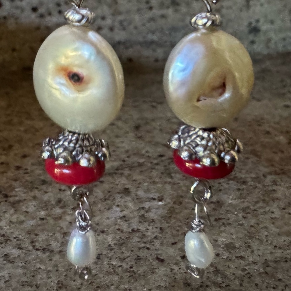 Handcrafted Genuine Silver Coin Pearl & Red Coral Bead Drop w/ Dangles Earrings - Picture 14 of 15